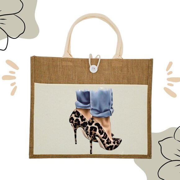 Custom Canvas Tote Bag, Large Size - Cheetah Heels Theme, Black or Cream Tote - Picture 6 of 16